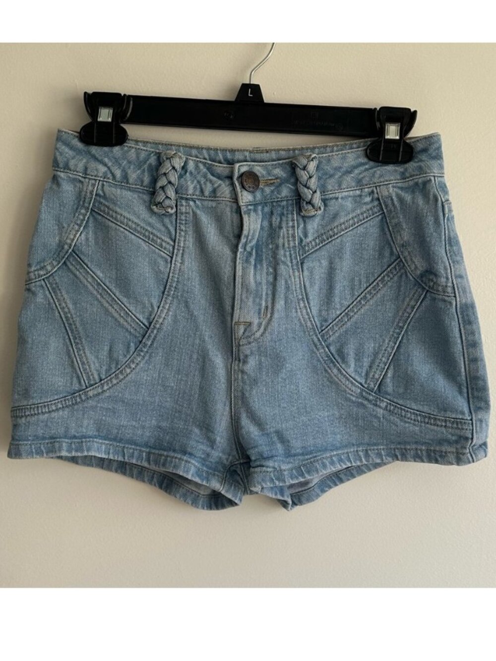 Light Blue High-Rise Denim Shorts with Braided Belt Loops